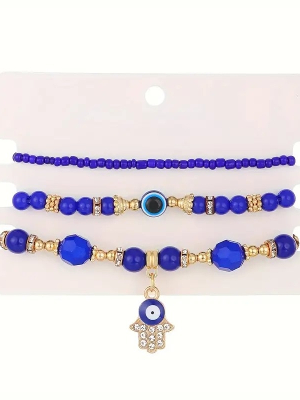 Blue Hamsa Evil Eye Beaded Bracelet Set - Gold Accents
